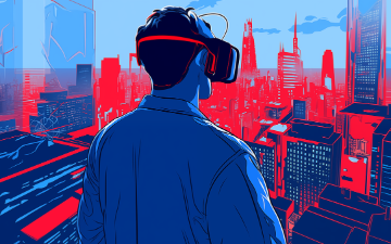 AI rendering of man wearing VR headset looking out a window overlooking a cityscape. Photo by Judas via Pixabay. 