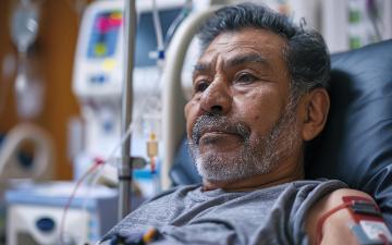A man with a beard and gray hair is in a hospital bed by G.Go via Adobe Stock.