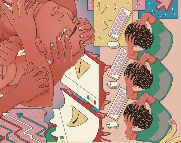 Illustration of people grabbing their heads in front of keyboards