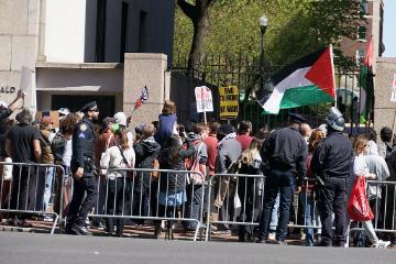 Protests in and around Columbia University in support of Palestine and against Israeli occupation. A side gate by the bookstore where the crowd is—inside and out. Protests in and around Columbia University in support of Palestine and against Israeli occupation. A side gate by the bookstore where the crowd is—inside and out. Photo by SWinxy, CC BY-SA 4.0 via Wikimedia Commons.