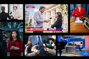 Collage showing reporters and journalists conducting interviews. 