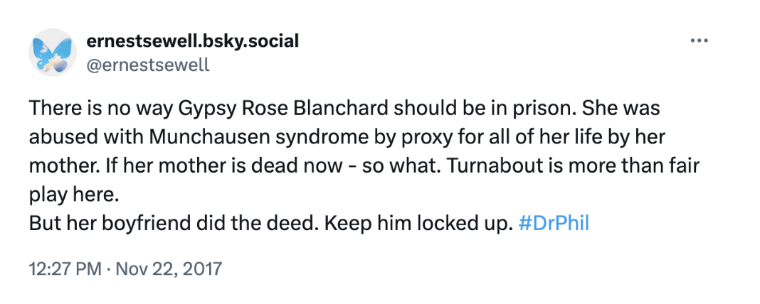 A screenshot of a 2017 post from X, discussing the decision of Gypsy Rose Blanchard’s prison sentencing.