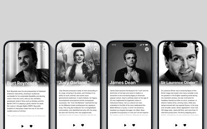 The voices of legendary stars of stage and screen Judy Garland, James Dean, Burt Reynolds, and Sir Laurence Olivier are now part of the library of voices on Iconic Voices created by AI company, ElevenLabs.  Photo by ElevenLabs. image link to story