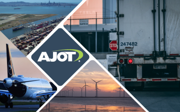 Collage with images of seaport, semi truck, airliner, and wind turbine surrounding the American Journal of Transportation (AJOT) logo.