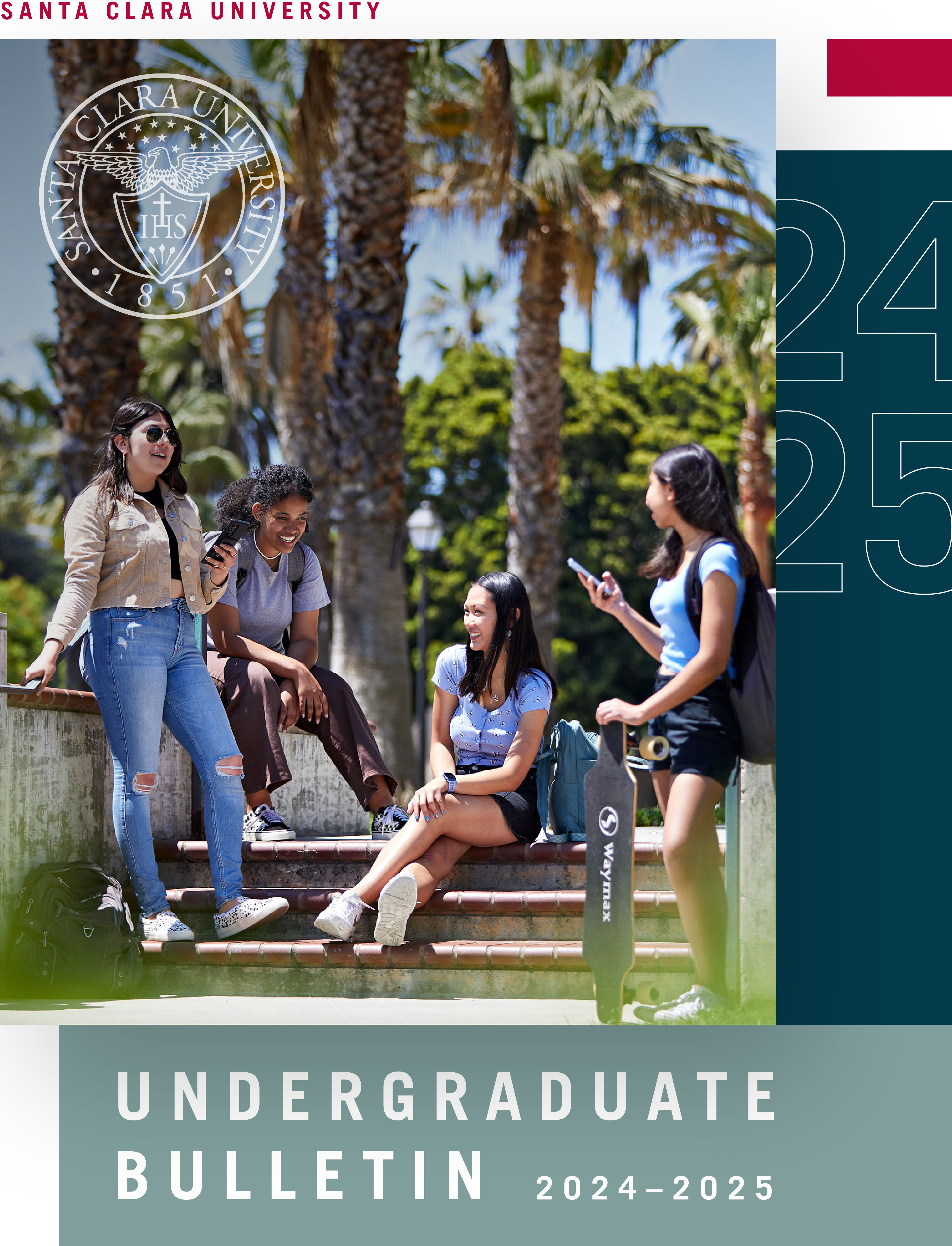 Four Santa Clara University students sitting on outdoor stairs in front of five palm trees