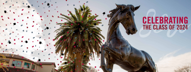 Bronco statue with confetti and text 'Celebrating the Class of 2024