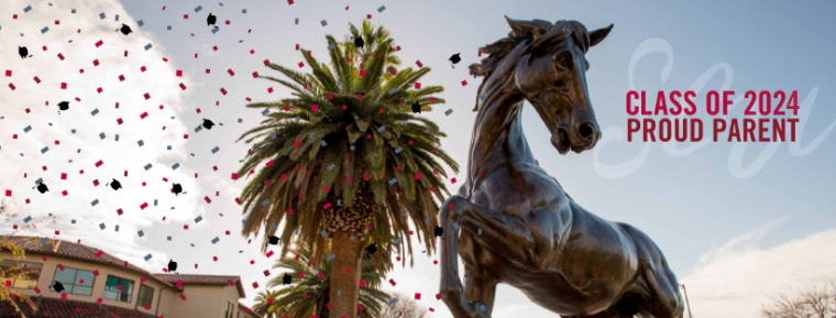 Bronco statue with confetti and text 'Class of 2024 Proud Parent'