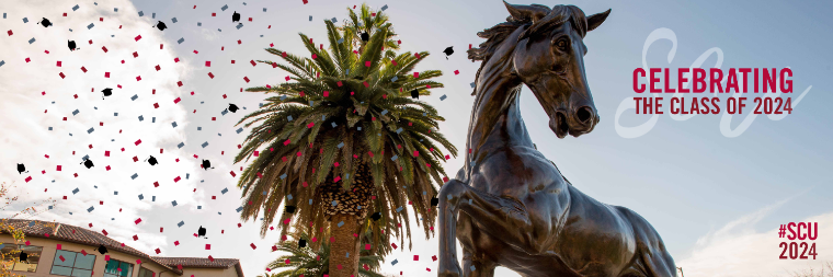 Bronco statue with confetti and text 'Celebrating the Class of 2024' and hashtag #SCU2024