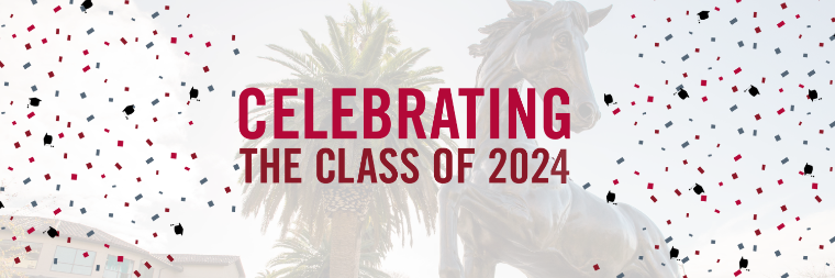 Bronco statue with confetti and text 'Celebrating the Class of 2024'
