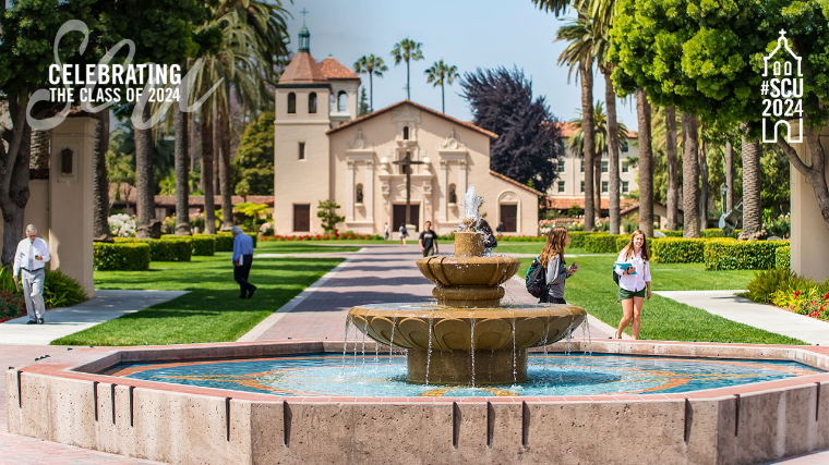 SCU Mission Church with confetti and text 'Celebrating the Class of 2024' and SCU logo