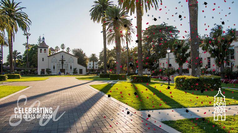 SCU Mission Church with confetti and text 'Celebrating the Class of 2024' and SCU logo.