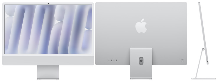 Image of the Apple iMac released in October 2024 showing the front, back and side of the computer.