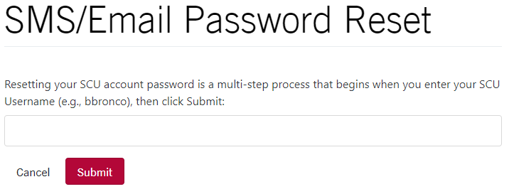 An SCU account management prompt for your username to begin a password reset process.