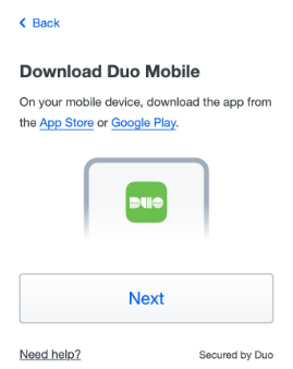 Duo Security setup screen with a prompt to download the Duo Mobile app.