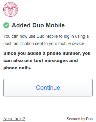 A Duo Security setup screen confirming the Duo Mobile app was configured.