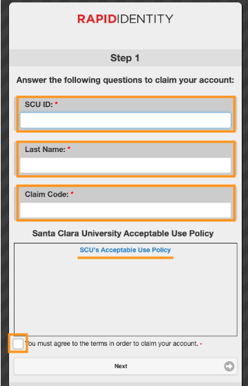 Rapid Identity screen for claiming an account, showing a SCU ID, last name and claim code fields.