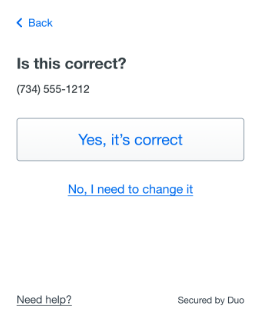 Duo Security page asking to confirm the phone number is correct.