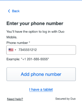 Duo Security setup page showing a phone number field with the prompt 