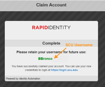 Rapid Identity final account claim screen showing your SCU login ID