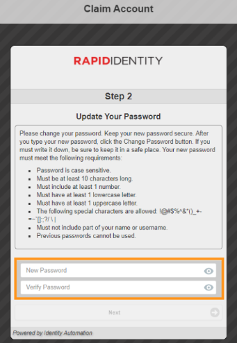 Rapid Identity panel for resetting your password, with two fields to enter a new password.