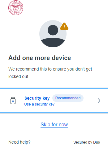 A Duo Security prompt asking if you want to add another device.