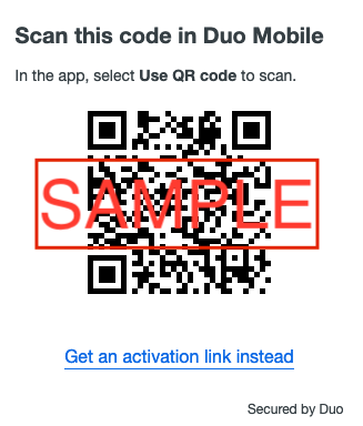 A Duo Security setup screen showing a sample QR code to be scanned to configure the Duo Mobile app.