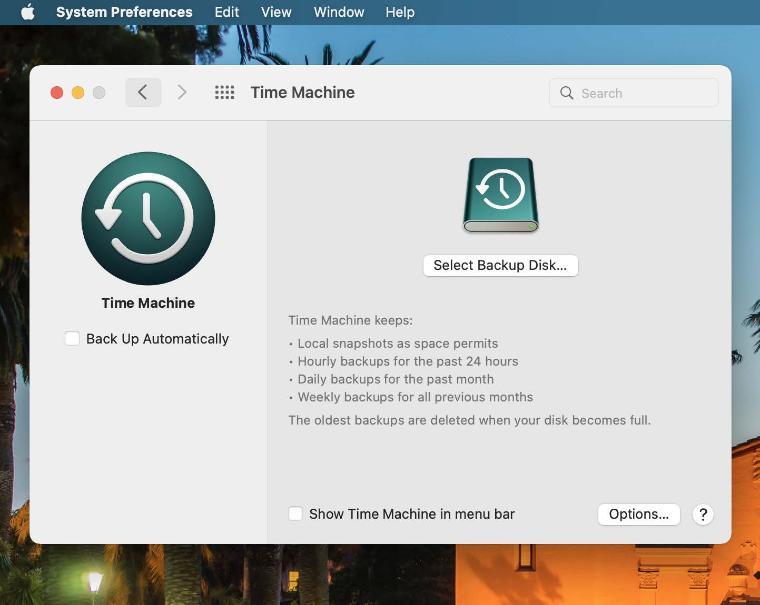 An image of the Time Machine panel in macOS System Preferences with a button for 