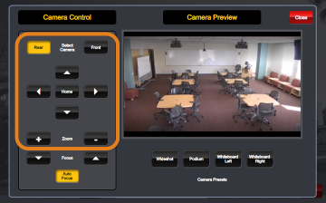 Control panel for adjusting lecture capture camera settings and previewing the classroom view.