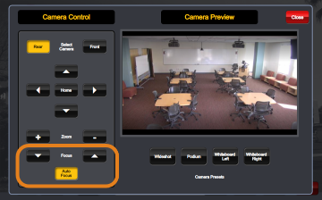 Alt text: Interface of a lecture capture system with camera controls showing an empty classroom.