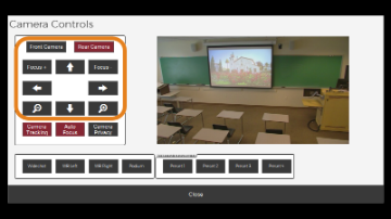 Control panel interface and classroom setup displaying a projector screen.