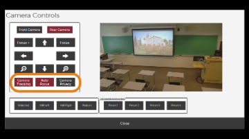 Lecture capture system interface showing classroom camera views and control buttons.