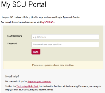 Screenshot of SCU Portal from webpage  in logged out state