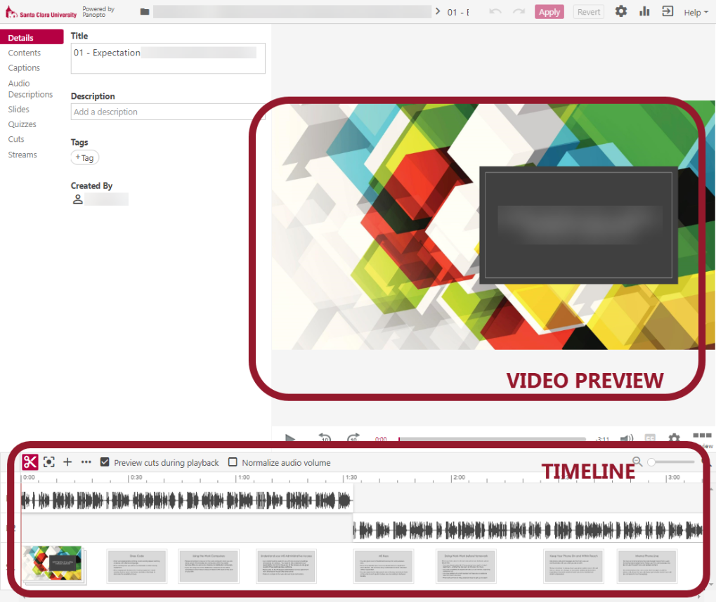 identify the video preview pane and timeline pane