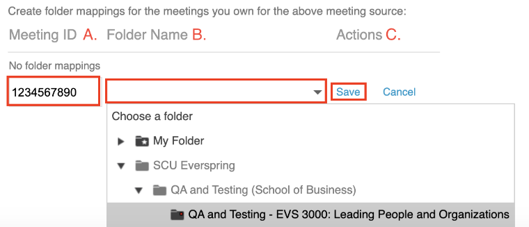 type in your meeting ID, select the Panopto folder, and save