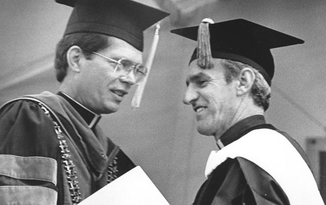 Ignacio Ellacuria receives honorary degree at 1982 commencement. image link to story
