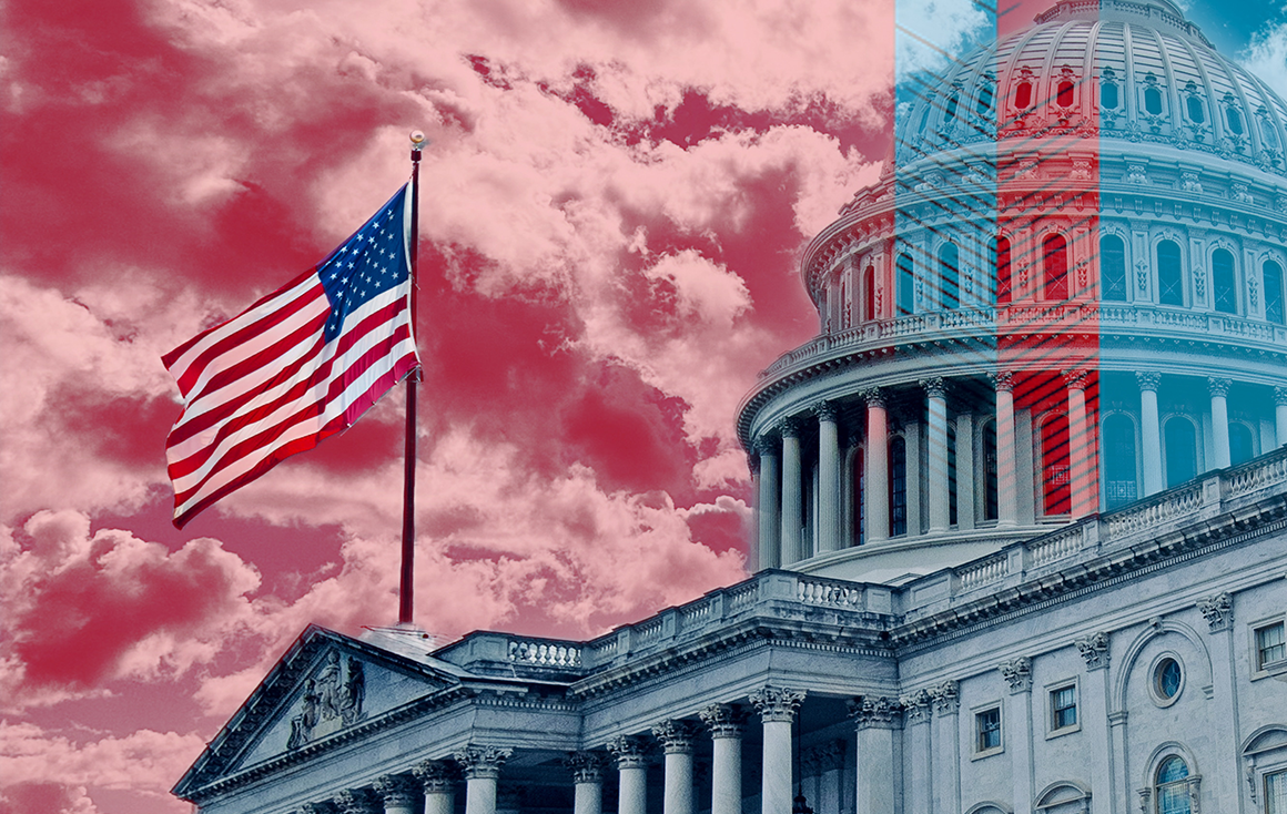 The Capitol Hill building with stylized layers of blue and red color, red sky, and an American flag posted at the roof.