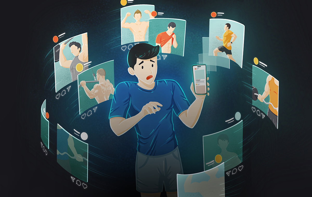 Illustration of distressed person with device screens with fitness images swirling around them. image link to story