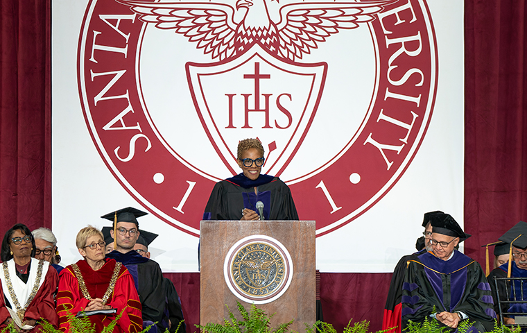 Speaker Vernā Myers addressing the Santa Clara Law Class of 2024 image link to story