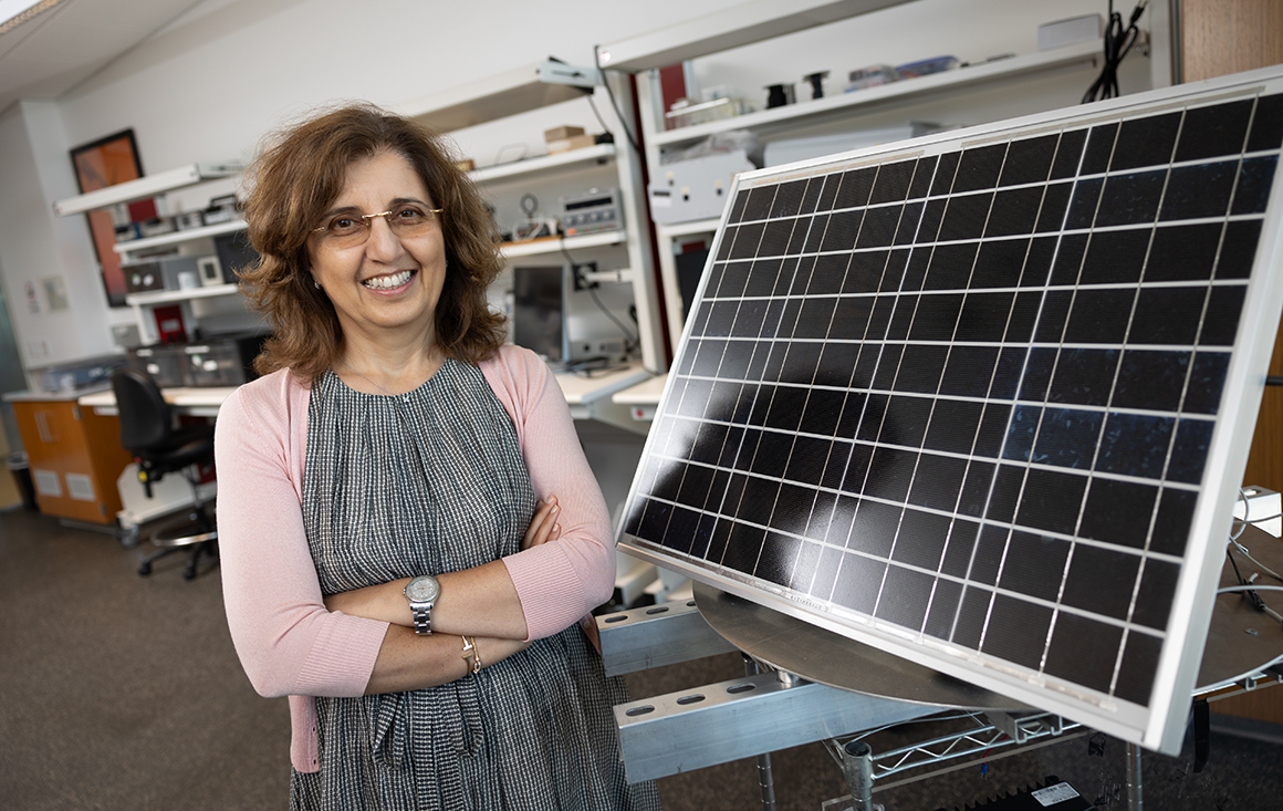 A woman stands in a laboratory next to a solar panel. image link to story