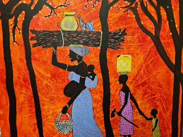 Painting of women with children walking through trees with water and provisions 