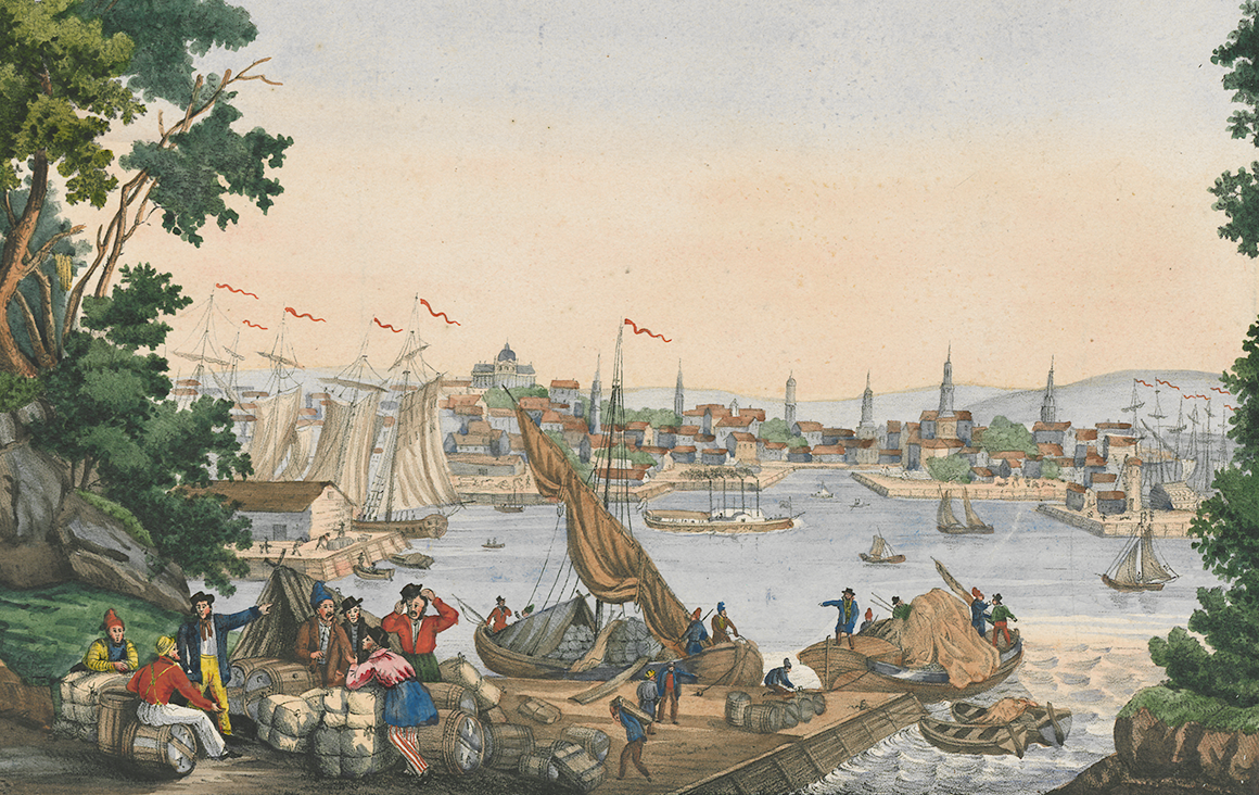 A painting of colonial-era men unloading cargo from a ship at port.