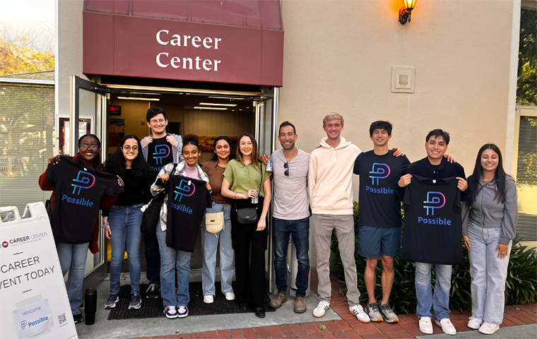 Possible CEO David Chase visits with students outiside of Career Center