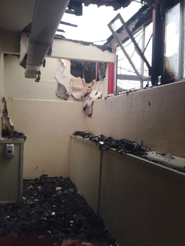 A burned out classroom in Cardinal Newman High