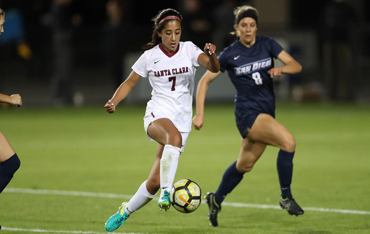 Soccer player Maddy Gonzalez controls the ball against the University of San Diego.