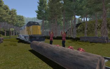 Video game depiction of train heading toward lumberjacks who are pinned to tracks.