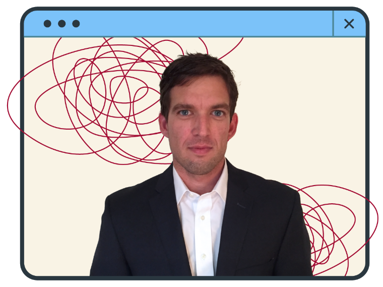 Greg Hajcak appears on a browser screen illustration with tangled thoughts around him.