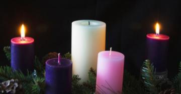 Two lit purple candles with white and pink candles. 'Second Sunday of Advent.'