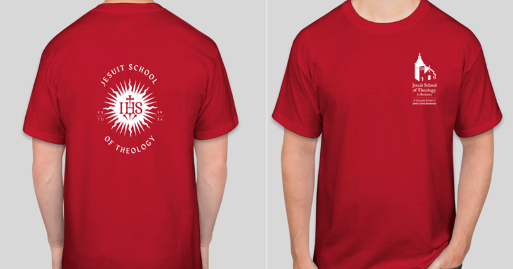 Red t-shirt with white logo on back and front left chest.