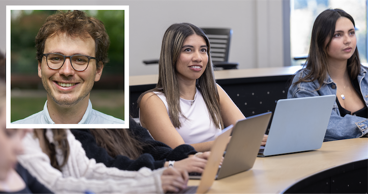 Professor Adrien Bouguen's headshot over a photo of three Leavey students listening in the classroom