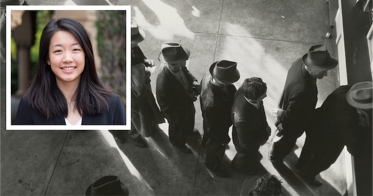 Audrey Guo headshot over photo from Great Depression showing unemployment insurance line